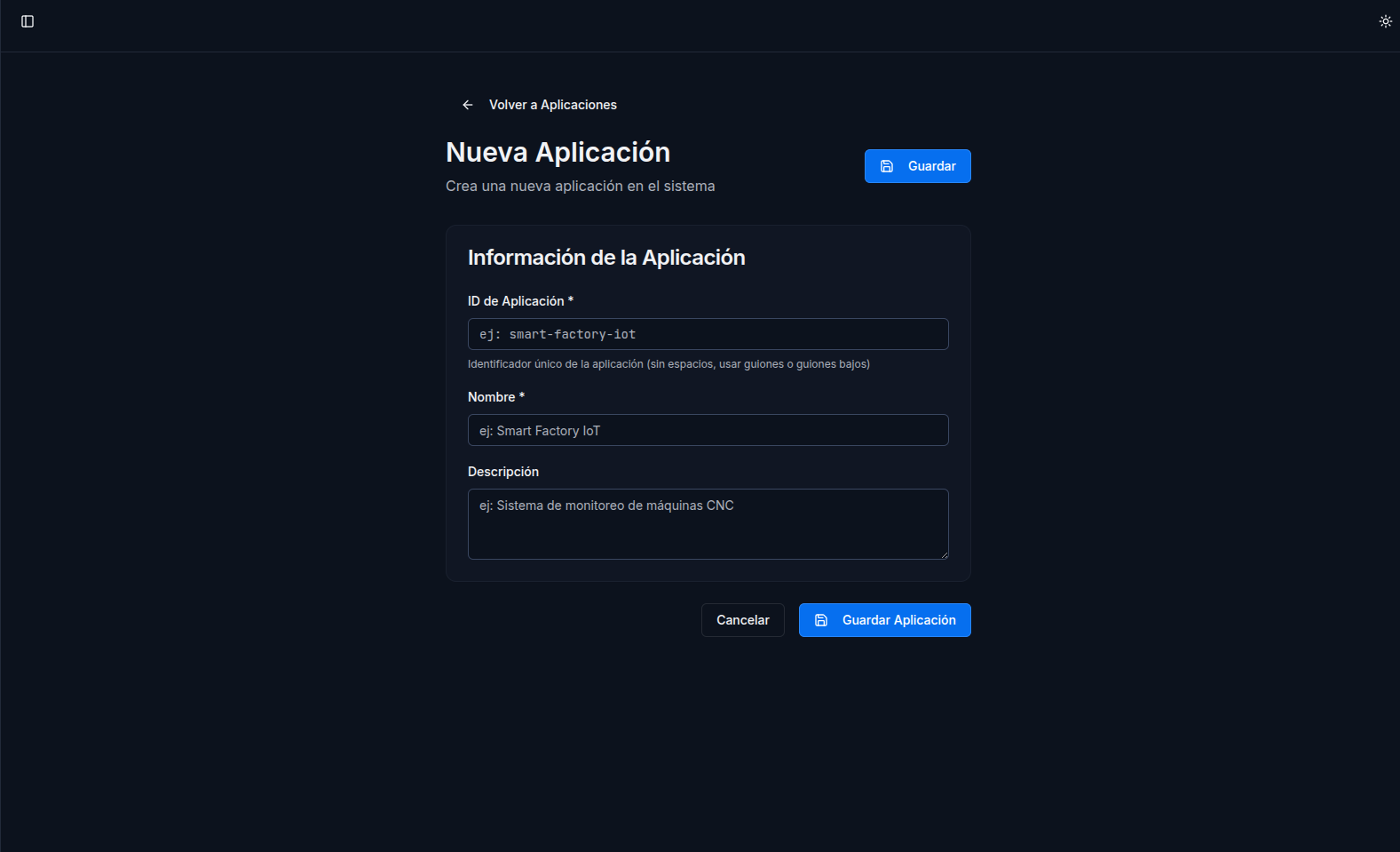 Formulario nueva Aplicación